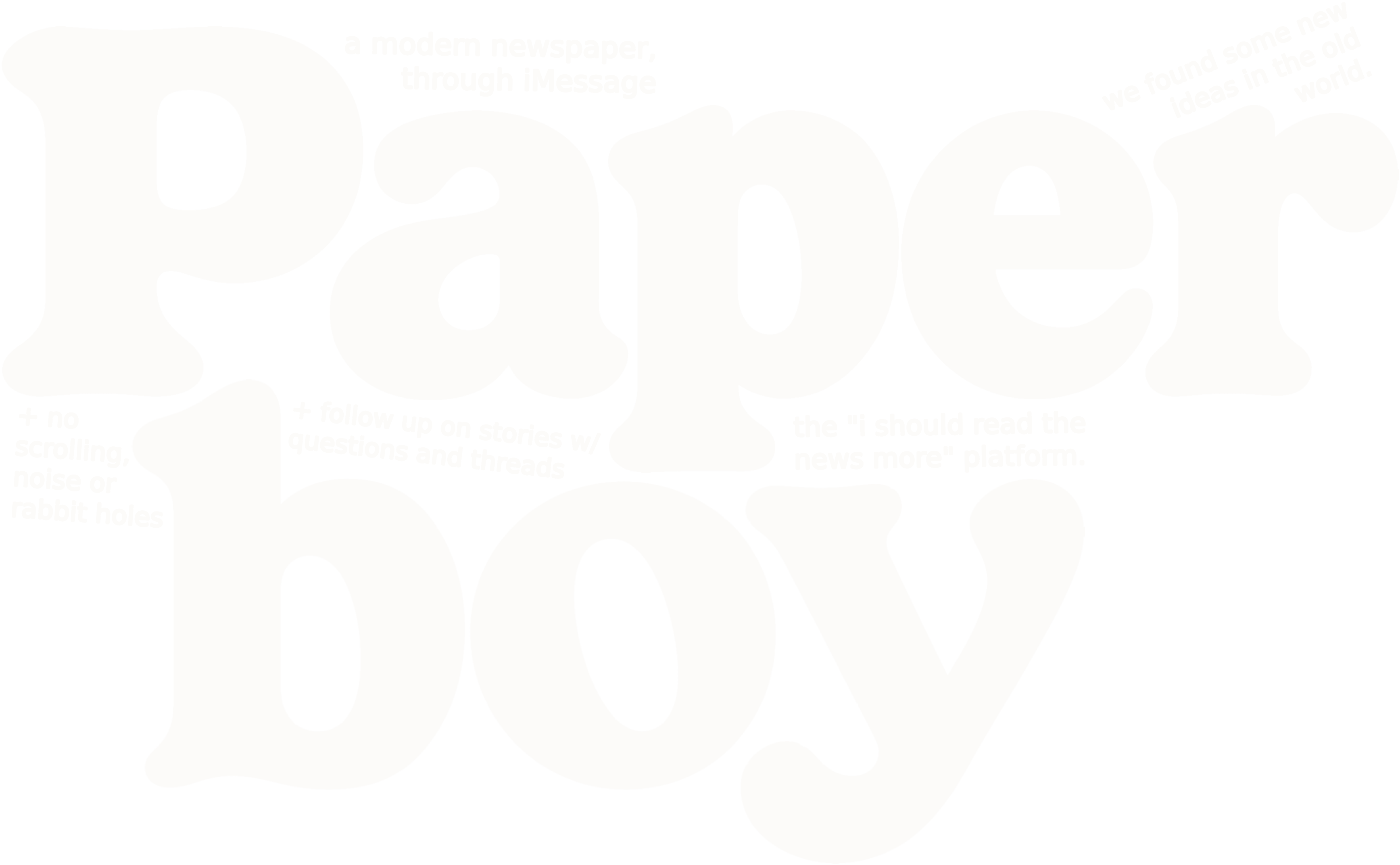 Paperboy — a modern newspaper, through iMessage. We found some new ideas in the old world. No scrolling, noise, or rabbit holes. Follow up on stories with questions and threads. The "i should read the news more" platform.
